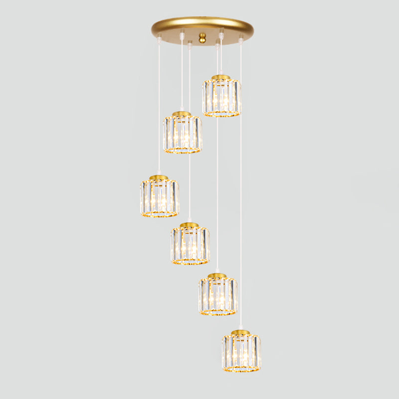 Geometrical Shade Staircase Suspension Light Glass Contemporary Multi Light Pendant 6 Gold Cylinder Clearhalo 'Ceiling Lights' 'Glass shade' 'Glass' 'Modern Pendants' 'Modern' 'Pendant Lights' 'Pendants' Lighting' 2197589