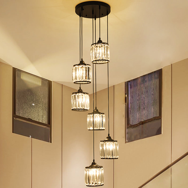 Cylindrical Multi Ceiling Lamp Minimalist Tri-Prism Crystal Staircase Suspension Light Fixture 6 Black Clearhalo 'Ceiling Lights' 'Modern Pendants' 'Modern' 'Pendant Lights' 'Pendants' Lighting' 2197605