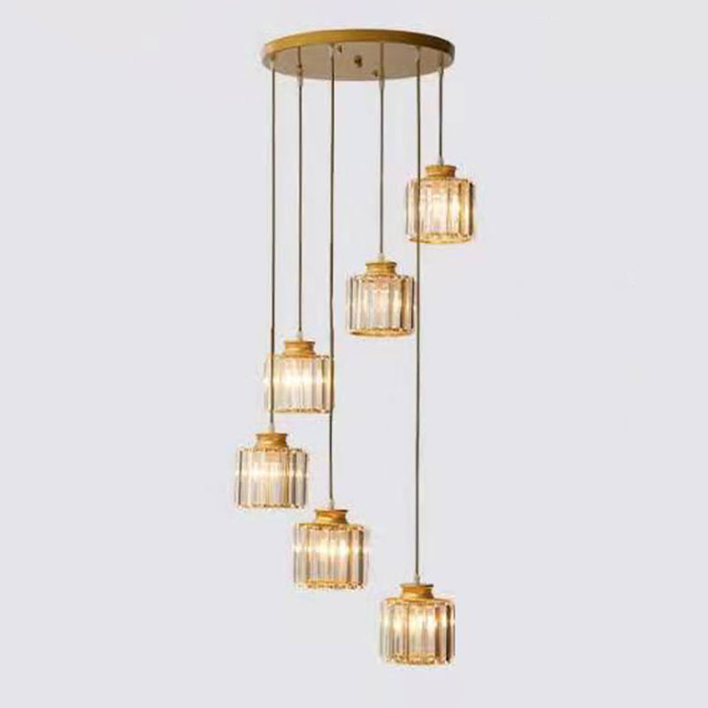 Cylindrical Multi Ceiling Lamp Minimalist Tri-Prism Crystal Staircase Suspension Light Fixture 6 Gold Clearhalo 'Ceiling Lights' 'Modern Pendants' 'Modern' 'Pendant Lights' 'Pendants' Lighting' 2197610