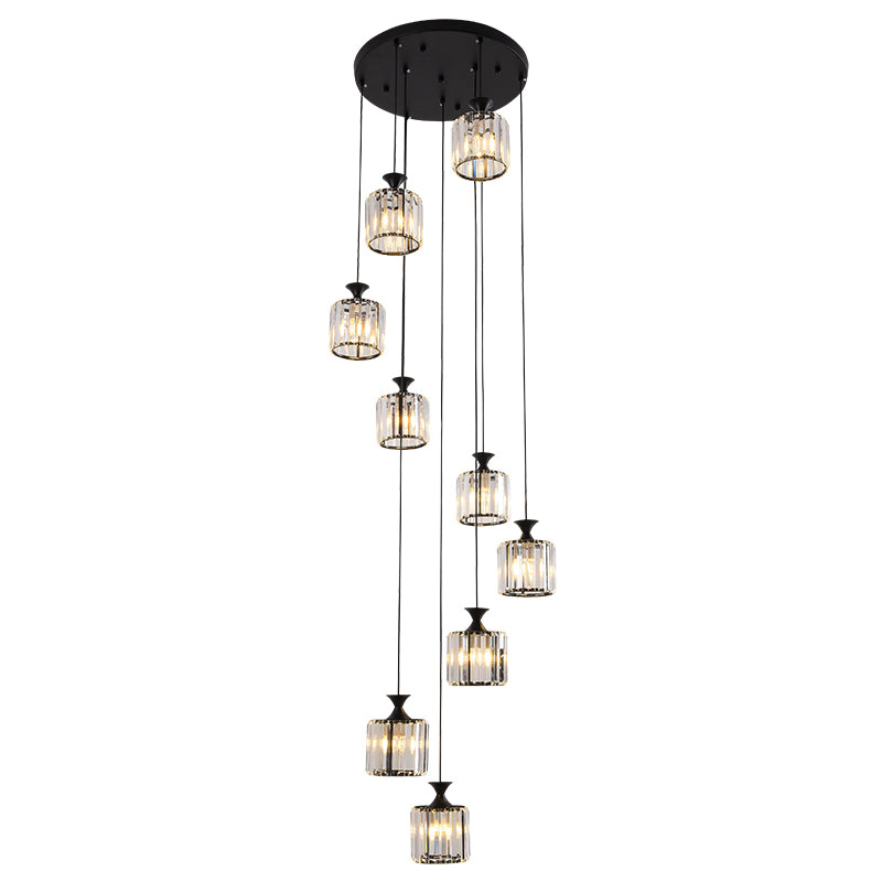 Prismatic Crystal Cylinder Hanging Light Minimalist 9 Bulbs Multi Light Pendant for Staircase Clearhalo 'Ceiling Lights' 'Modern Pendants' 'Modern' 'Pendant Lights' 'Pendants' Lighting' 2197614