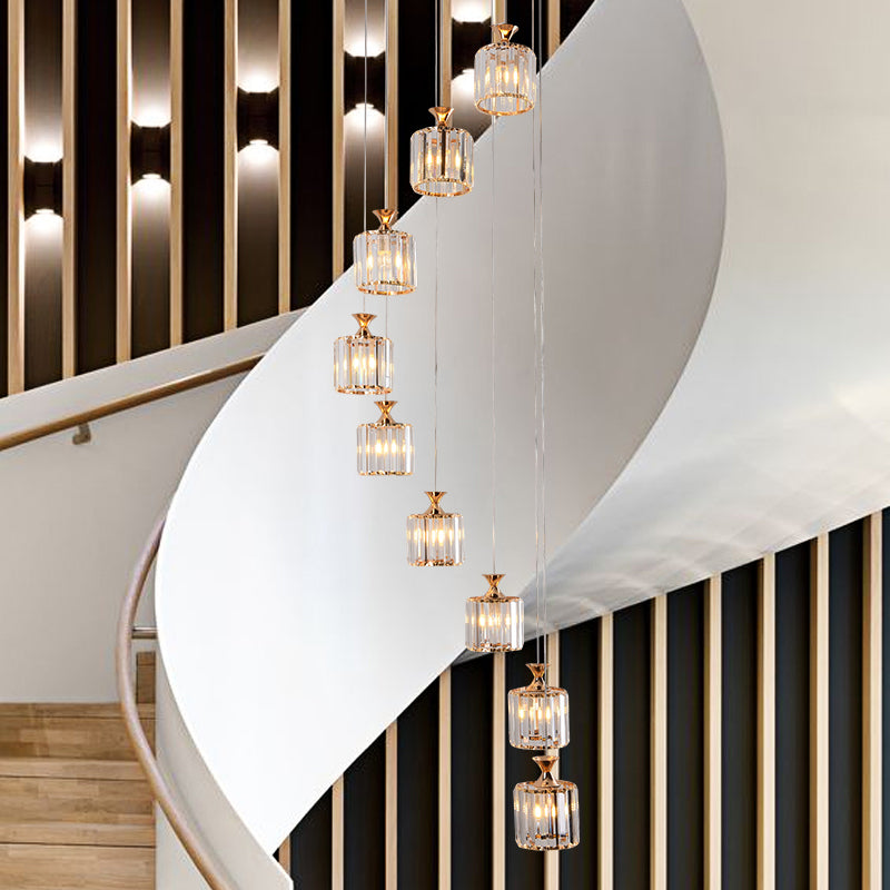 Prismatic Crystal Cylinder Hanging Light Minimalist 9 Bulbs Multi Light Pendant for Staircase Gold Clearhalo 'Ceiling Lights' 'Modern Pendants' 'Modern' 'Pendant Lights' 'Pendants' Lighting' 2197615