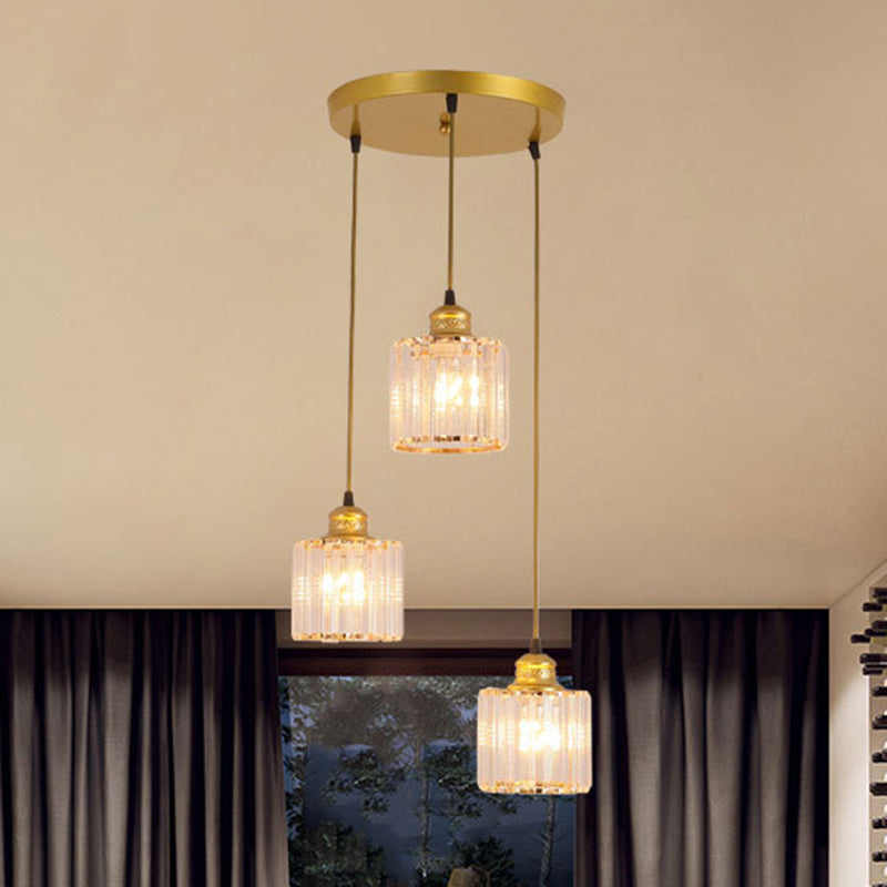 Contemporary Cylinder Suspension Light Crystal 3 Bulbs Dining Room Multi Light Pendant in Gold Clearhalo 'Ceiling Lights' 'Modern Pendants' 'Modern' 'Pendant Lights' 'Pendants' Lighting' 2197627