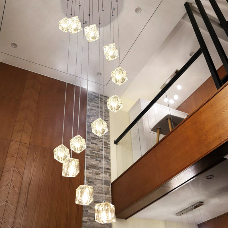 Spiral Square Multi Light Pendant Simplicity Clear Glass 12 Heads Staircase Hanging Lighting in Chrome Chrome Clearhalo 'Ceiling Lights' 'Glass shade' 'Glass' 'Modern Pendants' 'Modern' 'Pendant Lights' 'Pendants' Lighting' 2197631