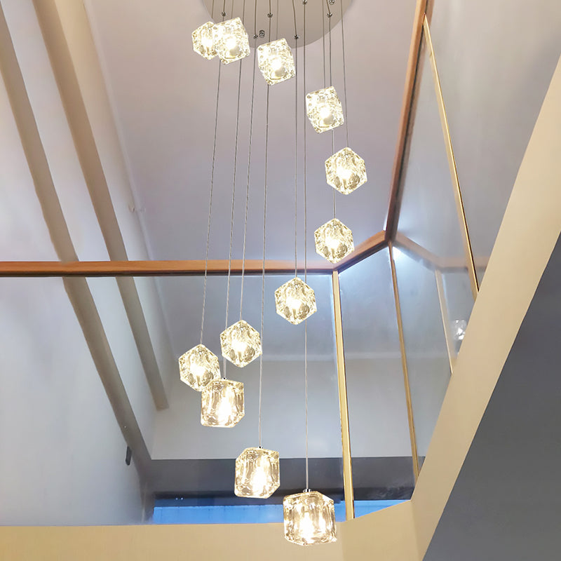 Spiral Square Multi Light Pendant Simplicity Clear Glass 12 Heads Staircase Hanging Lighting in Chrome Clearhalo 'Ceiling Lights' 'Glass shade' 'Glass' 'Modern Pendants' 'Modern' 'Pendant Lights' 'Pendants' Lighting' 2197634