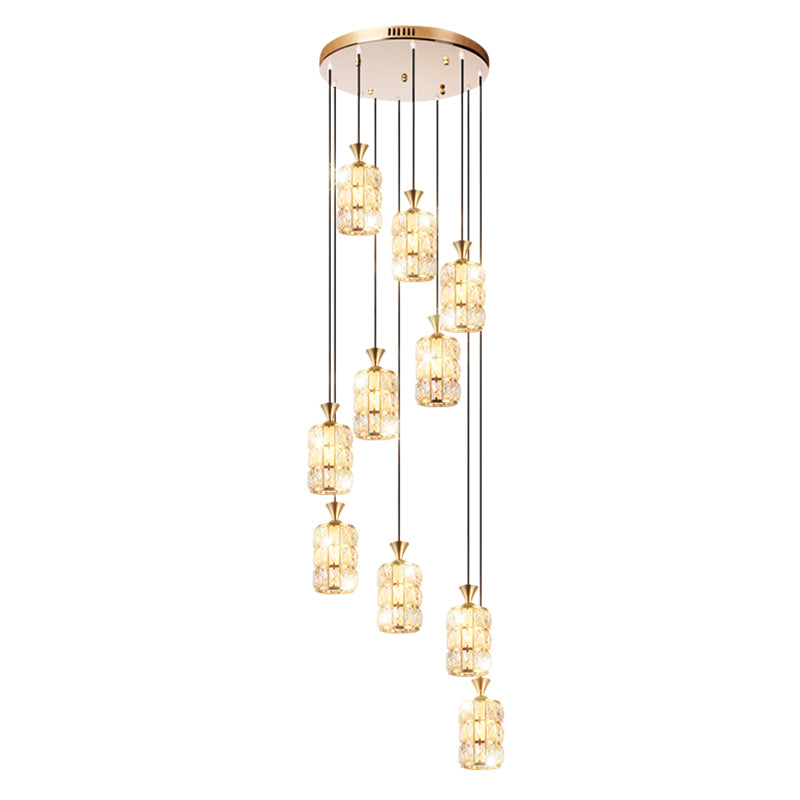 Crystal-Encrusted Cylindrical Multi Ceiling Lamp Modern 10 Bulbs Suspension Light Fixture for Staircase Clearhalo 'Ceiling Lights' 'Modern Pendants' 'Modern' 'Pendant Lights' 'Pendants' Lighting' 2197637