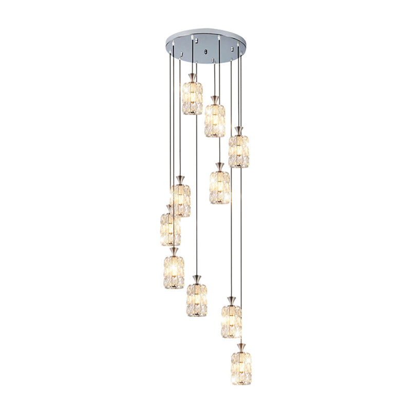 Crystal-Encrusted Cylindrical Multi Ceiling Lamp Modern 10 Bulbs Suspension Light Fixture for Staircase Clearhalo 'Ceiling Lights' 'Modern Pendants' 'Modern' 'Pendant Lights' 'Pendants' Lighting' 2197639