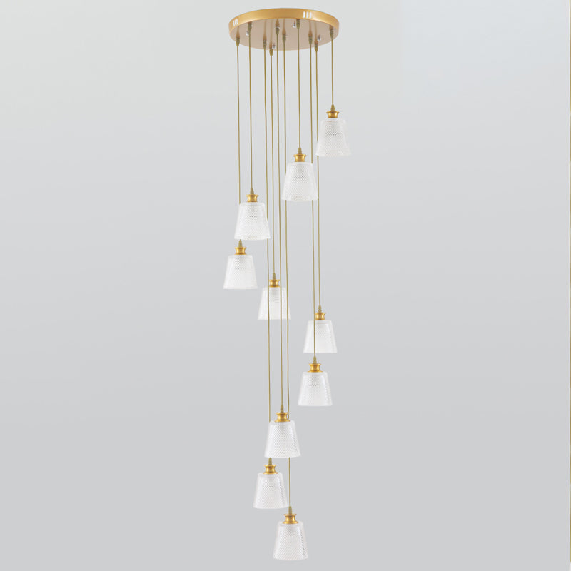 Bell Shade Staircase Hanging Light Lattice Glass 10 Heads Simplicity Multi Light Pendant in Gold Clearhalo 'Ceiling Lights' 'Glass shade' 'Glass' 'Modern Pendants' 'Modern' 'Pendant Lights' 'Pendants' Lighting' 2197645