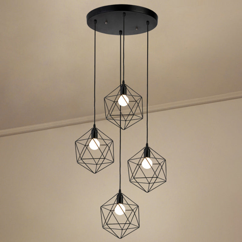 Geometric Cage Staircase Multi Ceiling Lighting Metallic Suspension Light Fixture 4 Black A Clearhalo 'Ceiling Lights' 'Modern Pendants' 'Modern' 'Pendant Lights' 'Pendants' Lighting' 2197661