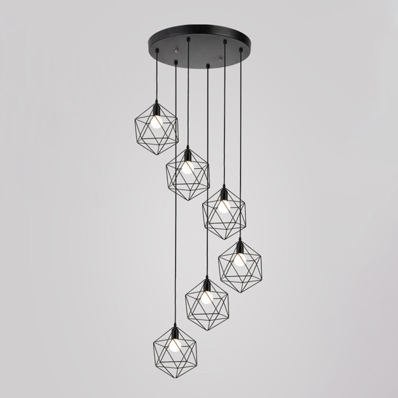 Geometric Cage Staircase Multi Ceiling Lighting Metallic Suspension Light Fixture 6 Black A Clearhalo 'Ceiling Lights' 'Modern Pendants' 'Modern' 'Pendant Lights' 'Pendants' Lighting' 2197663