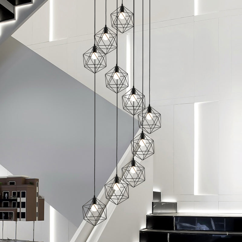 Geometric Cage Staircase Multi Ceiling Lighting Metallic Suspension Light Fixture 10 Black A Clearhalo 'Ceiling Lights' 'Modern Pendants' 'Modern' 'Pendant Lights' 'Pendants' Lighting' 2197665