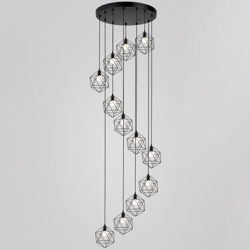 Geometric Cage Staircase Multi Ceiling Lighting Metallic Suspension Light Fixture 12 Black A Clearhalo 'Ceiling Lights' 'Modern Pendants' 'Modern' 'Pendant Lights' 'Pendants' Lighting' 2197668