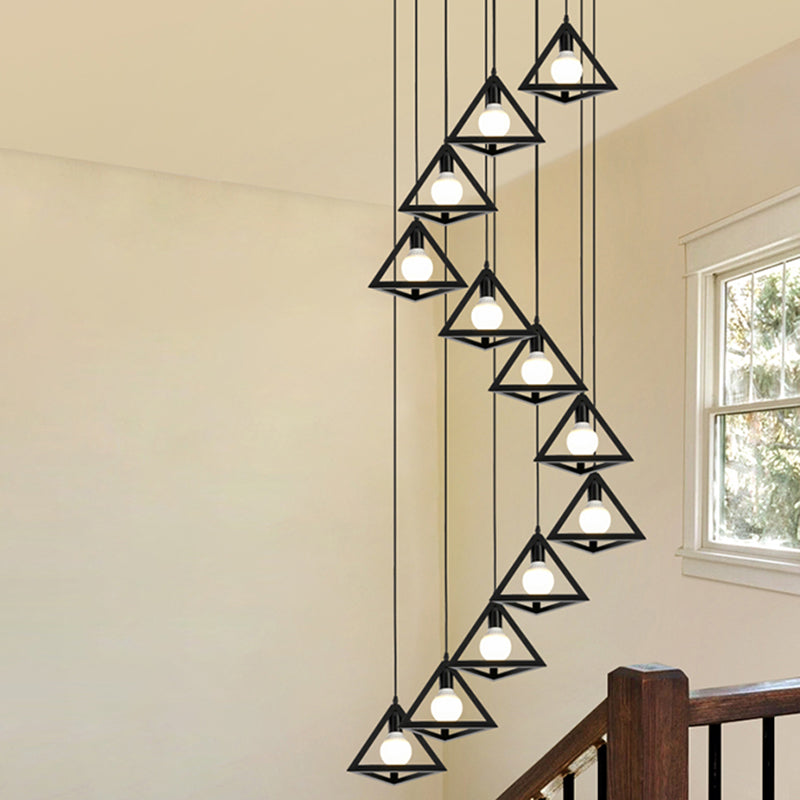 Geometric Cage Staircase Multi Ceiling Lighting Metallic Suspension Light Fixture 12 Black B Clearhalo 'Ceiling Lights' 'Modern Pendants' 'Modern' 'Pendant Lights' 'Pendants' Lighting' 2197674