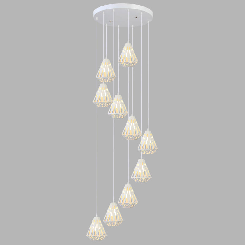 Geometric Cage Staircase Multi Ceiling Lighting Metallic Suspension Light Fixture 10 White B Clearhalo 'Ceiling Lights' 'Modern Pendants' 'Modern' 'Pendant Lights' 'Pendants' Lighting' 2197685