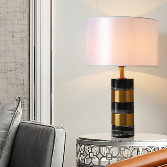 Modern Drum Nightstand Lamp Fabric 1 Head Living Room Table Lighting with Marble Base in White Clearhalo 'Lamps' 'Table Lamps' Lighting' 2197875