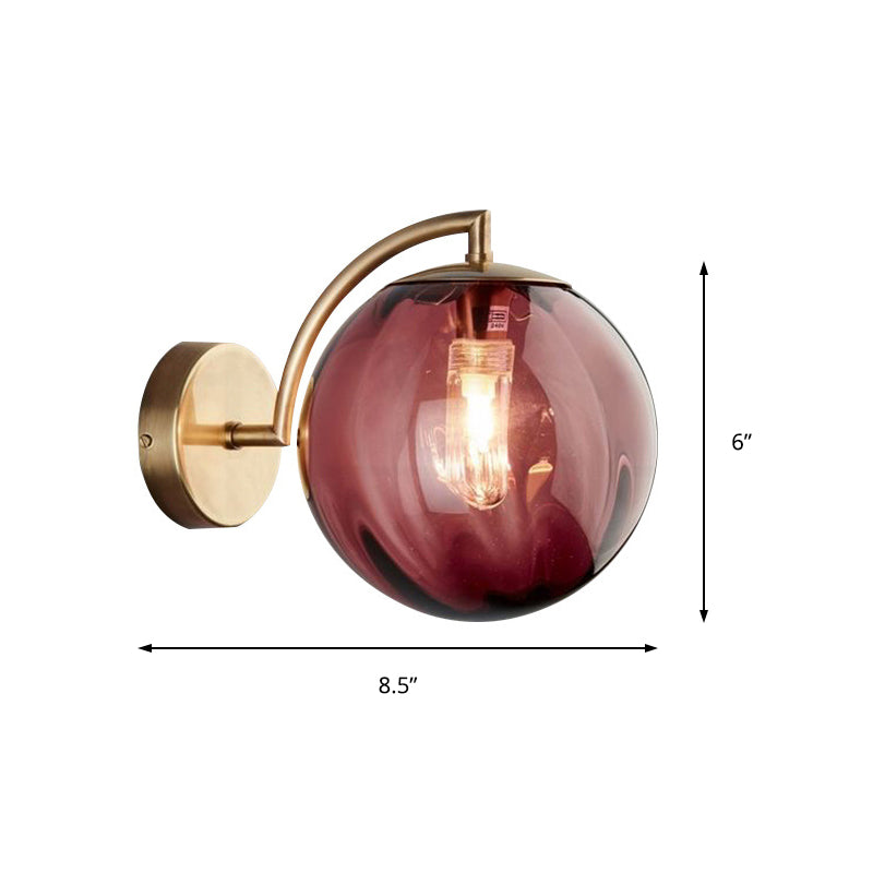 Postmodernist Brass Armed Ball Sconce Lamp Red/Blue/Amber Glass Single Light Wall Lighting Fixture Clearhalo 'Cast Iron' 'Glass' 'Industrial' 'Modern wall lights' 'Modern' 'Tiffany' 'Traditional wall lights' 'Wall Lamps & Sconces' 'Wall Lights' Lighting' 219789