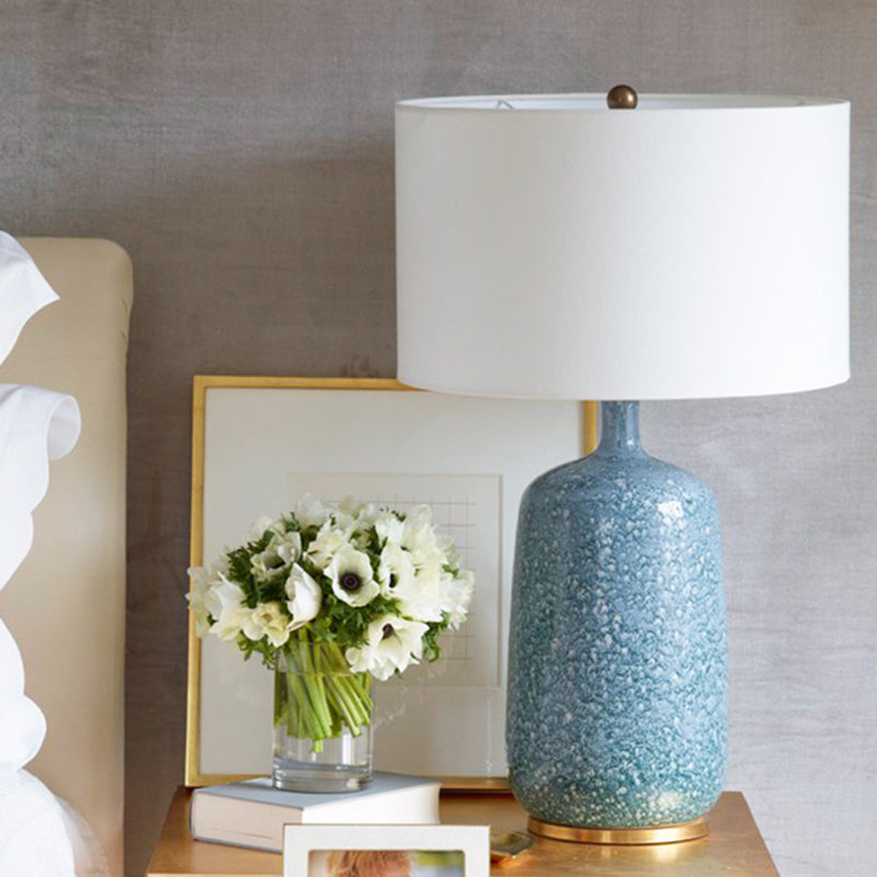 Blue Drum Table Light Minimalistic 1 Bulb Fabric Nightstand Lighting with Ceramic Base Blue Clearhalo 'Lamps' 'Table Lamps' Lighting' 2197909