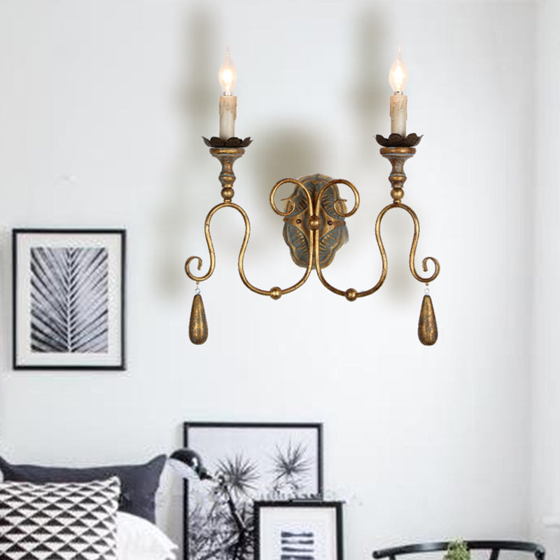 Candlestick Metallic Wall Mount Light Retro 2 Heads Corridor Wall Lighting with Swirled Arm in Gold Gold Clearhalo 'Wall Lamps & Sconces' 'Wall Lights' Lighting' 2197933