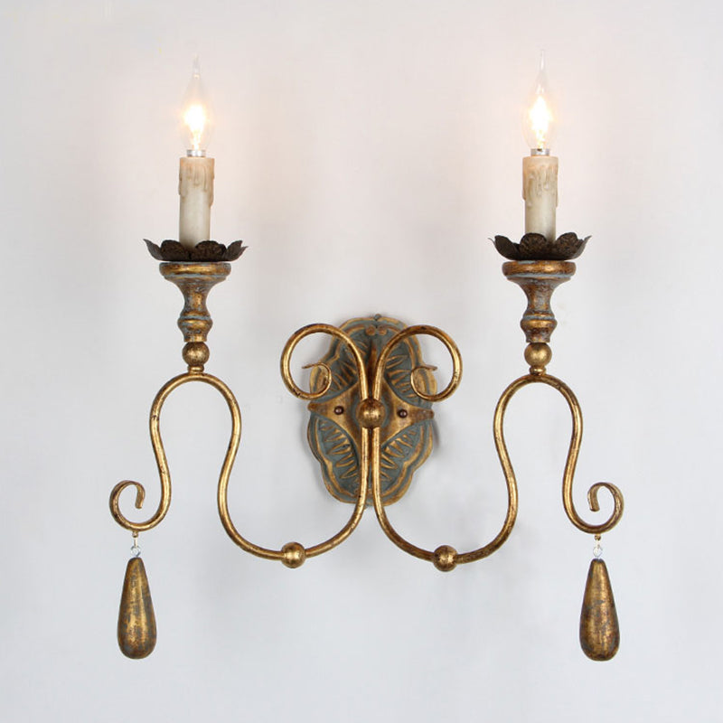 Candlestick Metallic Wall Mount Light Retro 2 Heads Corridor Wall Lighting with Swirled Arm in Gold Clearhalo 'Wall Lamps & Sconces' 'Wall Lights' Lighting' 2197934