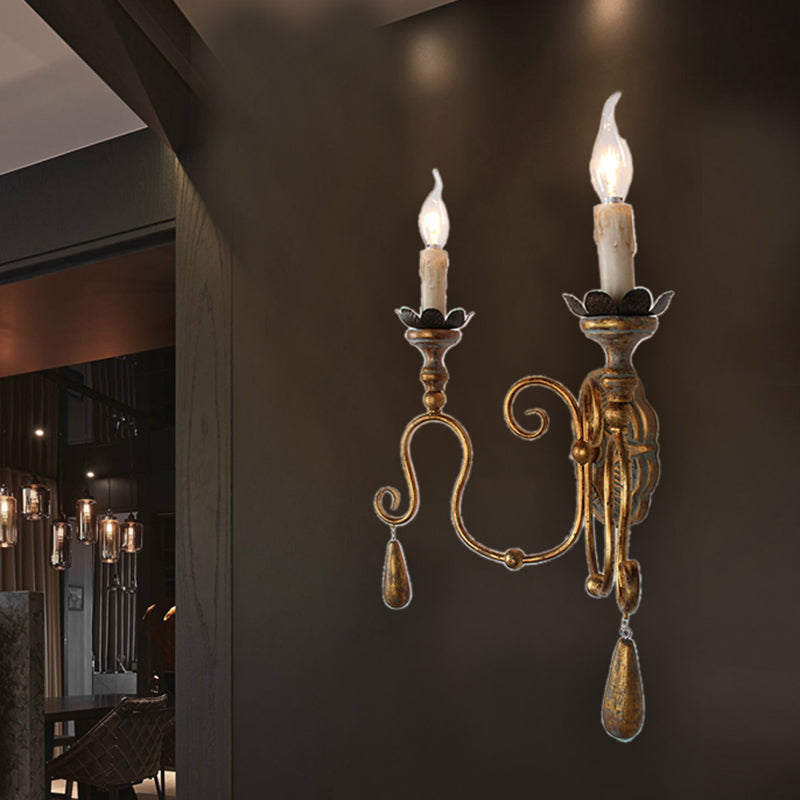 Candlestick Metallic Wall Mount Light Retro 2 Heads Corridor Wall Lighting with Swirled Arm in Gold Clearhalo 'Wall Lamps & Sconces' 'Wall Lights' Lighting' 2197936