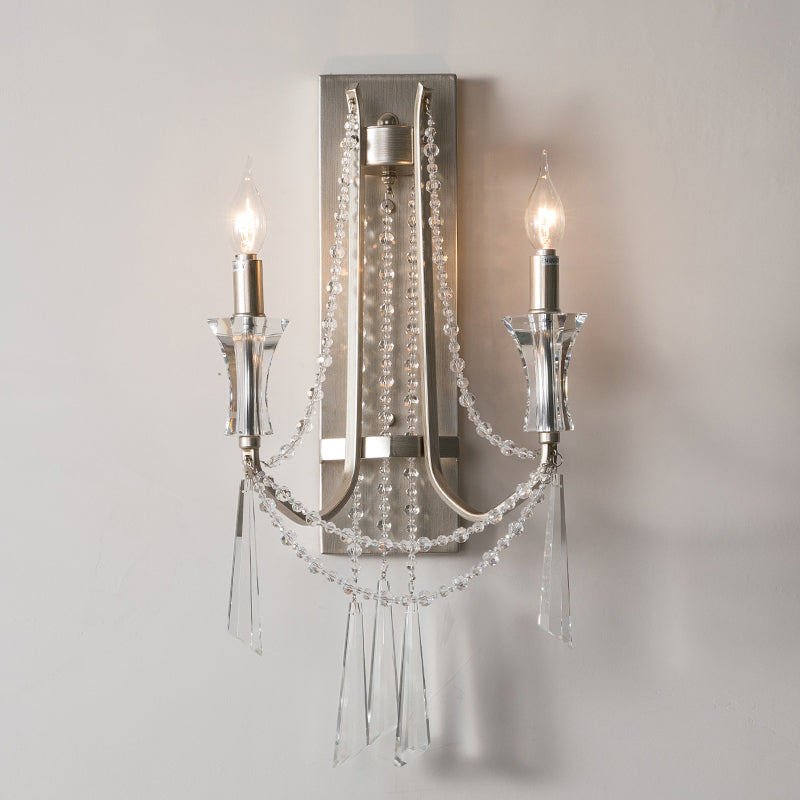 2 Bulbs Wall Mount Light Traditional Draping Crystal Bead Wall Light Fixture with Curved Arm Silver Clearhalo 'Wall Lamps & Sconces' 'Wall Lights' Lighting' 2197970