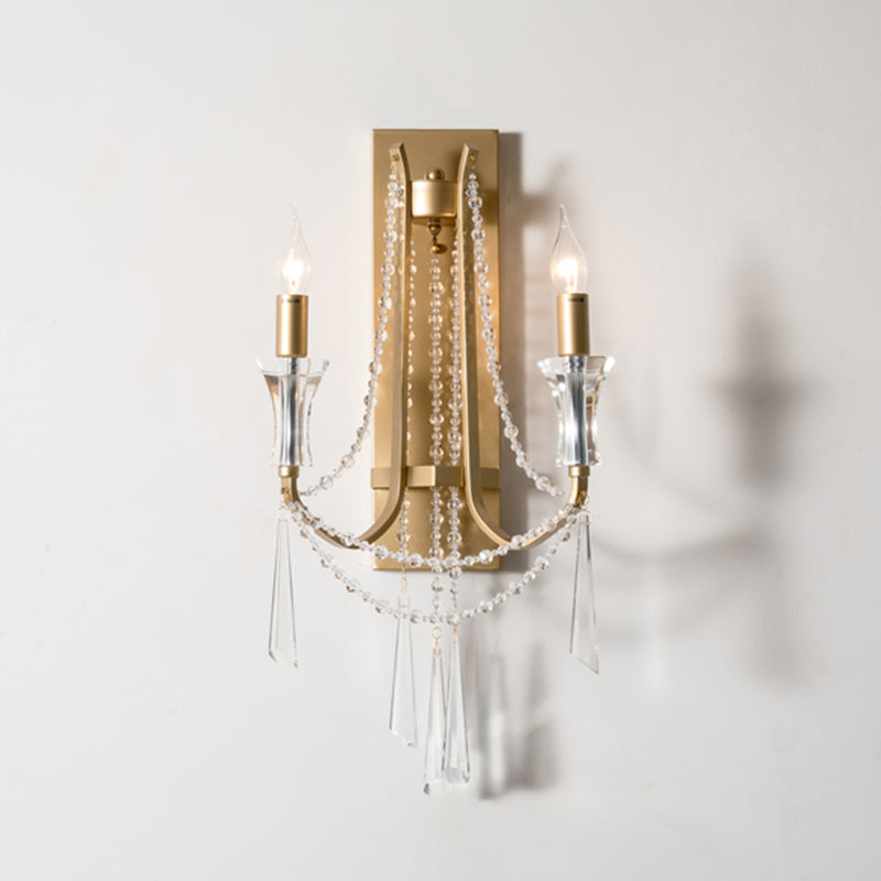 2 Bulbs Wall Mount Light Traditional Draping Crystal Bead Wall Light Fixture with Curved Arm Gold Clearhalo 'Wall Lamps & Sconces' 'Wall Lights' Lighting' 2197975