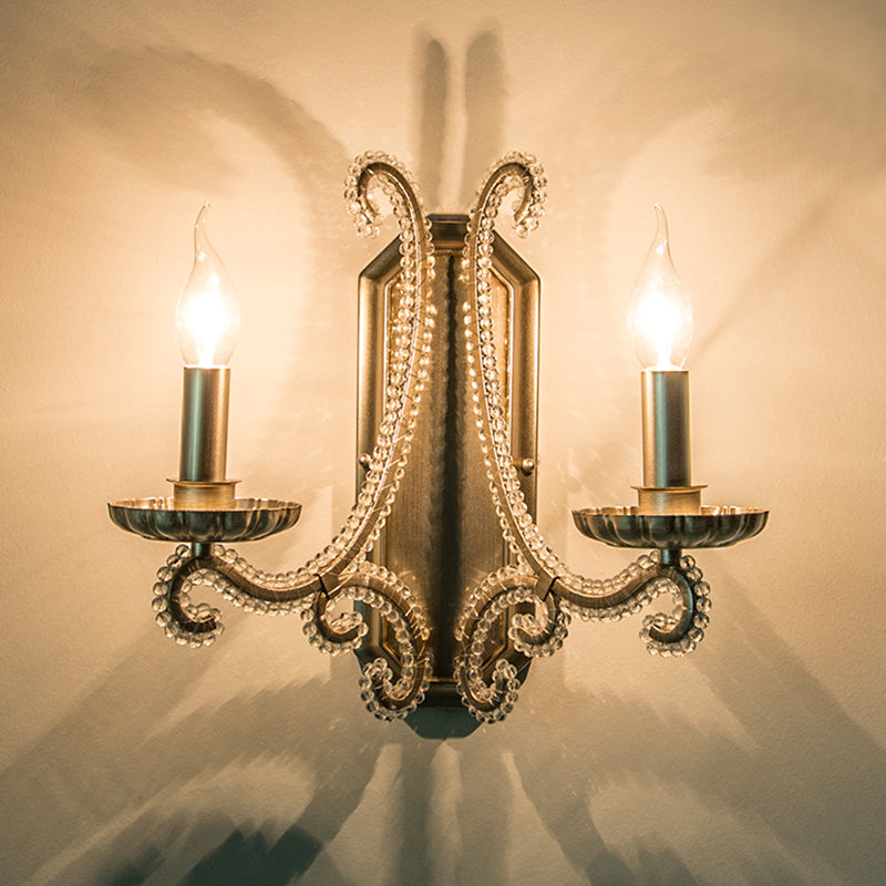 Vintage Candelabra Wall Mount Light Metallic Wall Light Fixture with Crystal Beaded Arm 2.0 Silver Clearhalo 'Wall Lamps & Sconces' 'Wall Lights' Lighting' 2197976