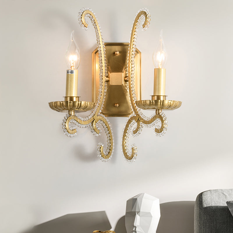 Vintage Candelabra Wall Mount Light Metallic Wall Light Fixture with Crystal Beaded Arm 2.0 Gold Clearhalo 'Wall Lamps & Sconces' 'Wall Lights' Lighting' 2197981