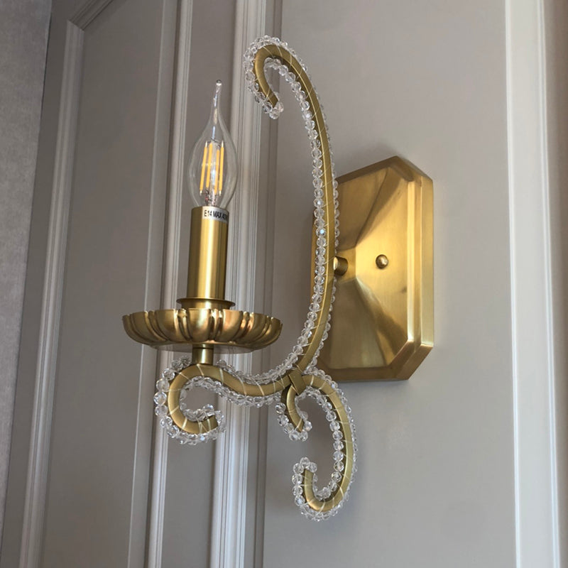 Vintage Candelabra Wall Mount Light Metallic Wall Light Fixture with Crystal Beaded Arm 1.0 Gold Clearhalo 'Wall Lamps & Sconces' 'Wall Lights' Lighting' 2197983