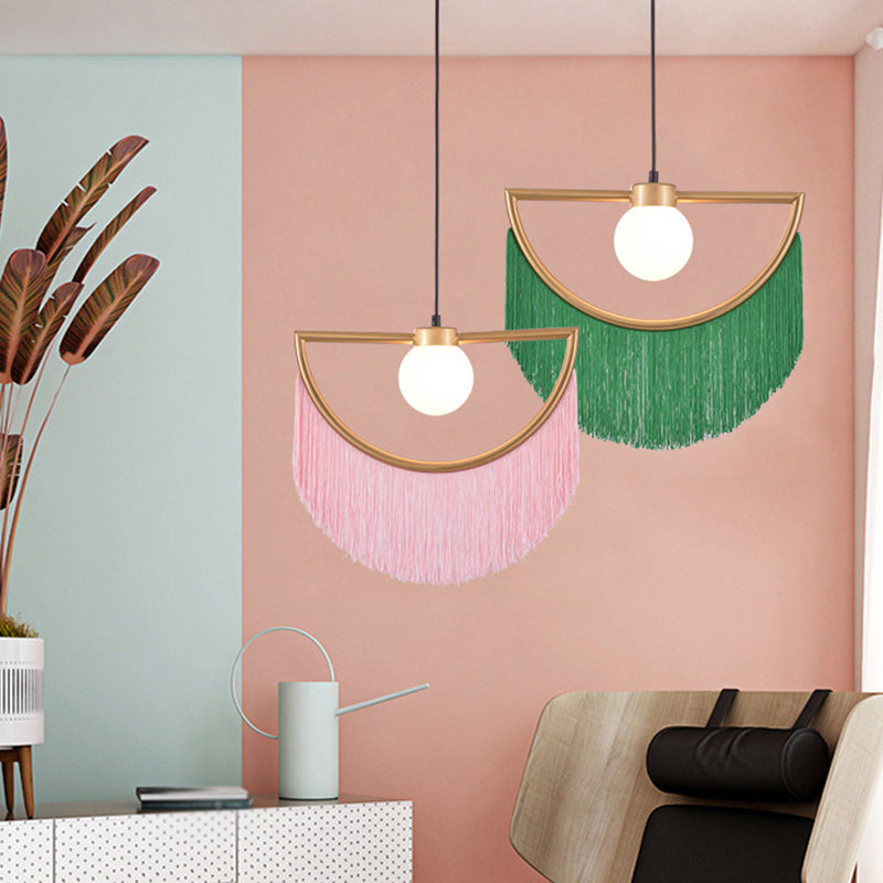 Minimalism Globe Suspension Light 1-Light Opal Glass Hanging Lamp with Decorative Fringe Clearhalo 'Ceiling Lights' 'Pendant Lights' 'Pendants' Lighting' 2197999