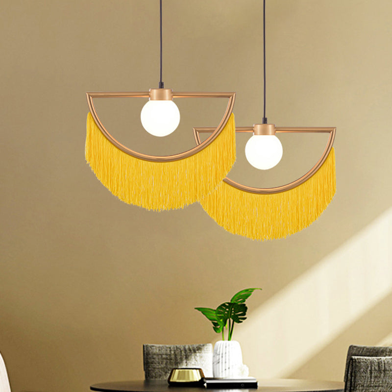 Minimalism Globe Suspension Light 1-Light Opal Glass Hanging Lamp with Decorative Fringe Yellow Clearhalo 'Ceiling Lights' 'Pendant Lights' 'Pendants' Lighting' 2198002_4b66e091-9e6d-4213-b8ec-c9a348082115