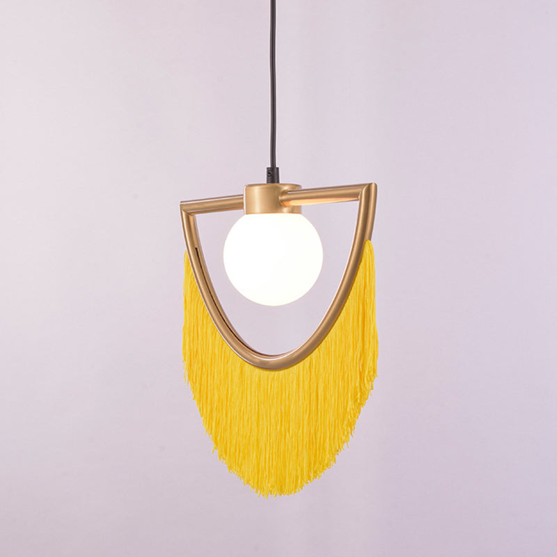 Minimalism Globe Suspension Light 1-Light Opal Glass Hanging Lamp with Decorative Fringe Clearhalo 'Ceiling Lights' 'Pendant Lights' 'Pendants' Lighting' 2198003