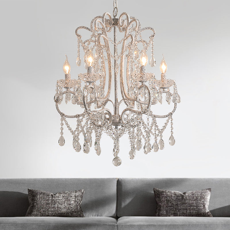 Antique Candlestick Ceiling Lighting Metallic Chandelier Light Fixture with Crystal Bead Decor in White Clearhalo 'Ceiling Lights' 'Chandeliers' Lighting' options 2198026