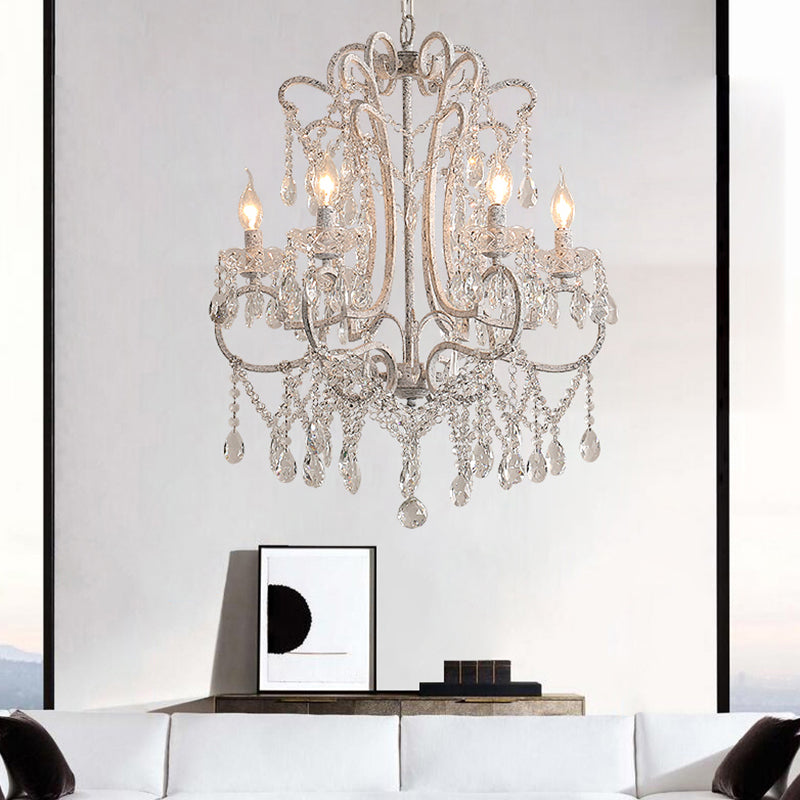 Antique Candlestick Ceiling Lighting Metallic Chandelier Light Fixture with Crystal Bead Decor in White Clearhalo 'Ceiling Lights' 'Chandeliers' Lighting' options 2198028