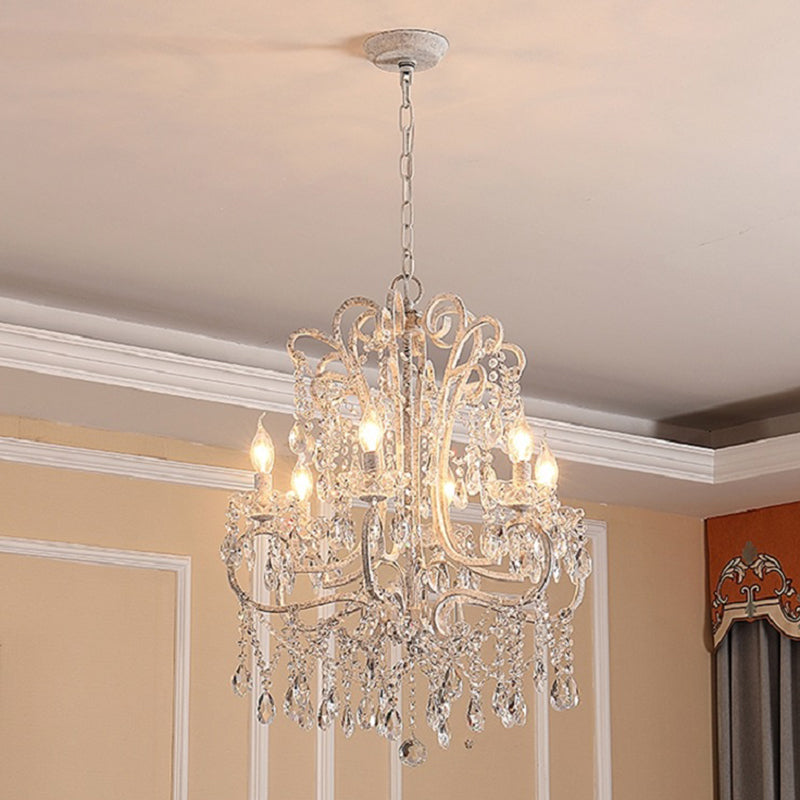 Antique Candlestick Ceiling Lighting Metallic Chandelier Light Fixture with Crystal Bead Decor in White Clearhalo 'Ceiling Lights' 'Chandeliers' Lighting' options 2198030