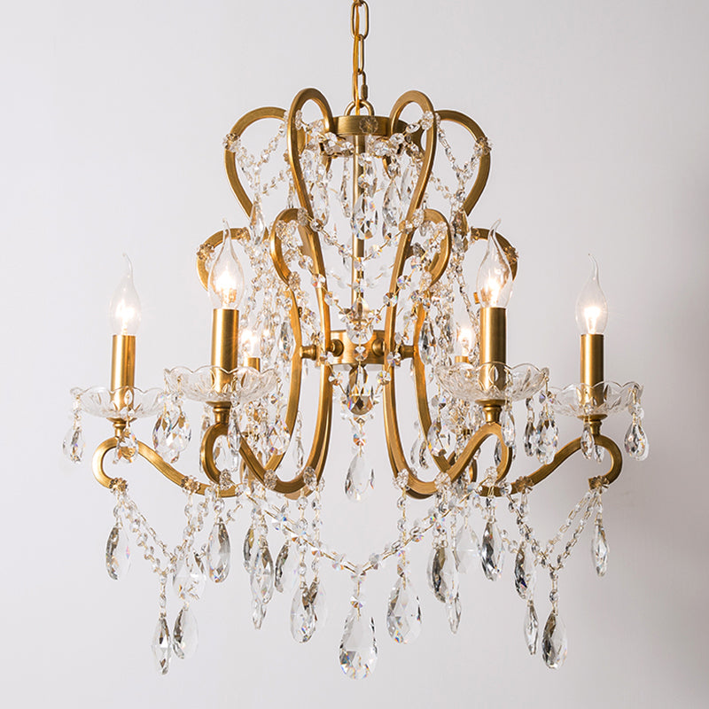 Candle Metal Chandelier Pendant Light Vintage Living Room Hanging Light with Crystal Bead Accent 6 Gold Clearhalo 'Ceiling Lights' 'Chandeliers' Lighting' options 2198042_33f2606b-666b-4336-acac-7da03a2ef59e