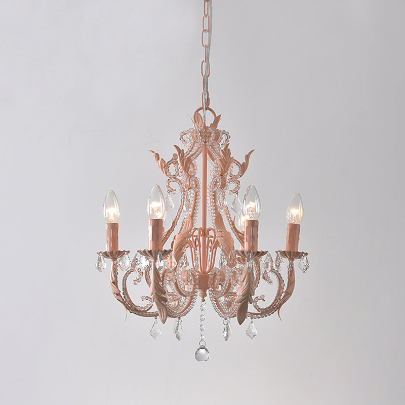 6 Bulbs Suspension Light Retro Style Candlestick Metallic Chandelier Light with Crystal Beaded Arm Pink Clearhalo 'Ceiling Lights' 'Chandeliers' Lighting' options 2198053_fd9a2b4a-ba7c-4298-9357-e6bfe724201b