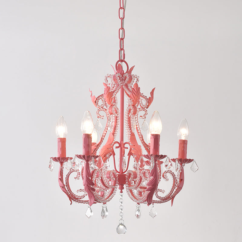 6 Bulbs Suspension Light Retro Style Candlestick Metallic Chandelier Light with Crystal Beaded Arm Rose Red Clearhalo 'Ceiling Lights' 'Chandeliers' Lighting' options 2198054_ea198511-cadc-42f8-a137-e11b329e55a0