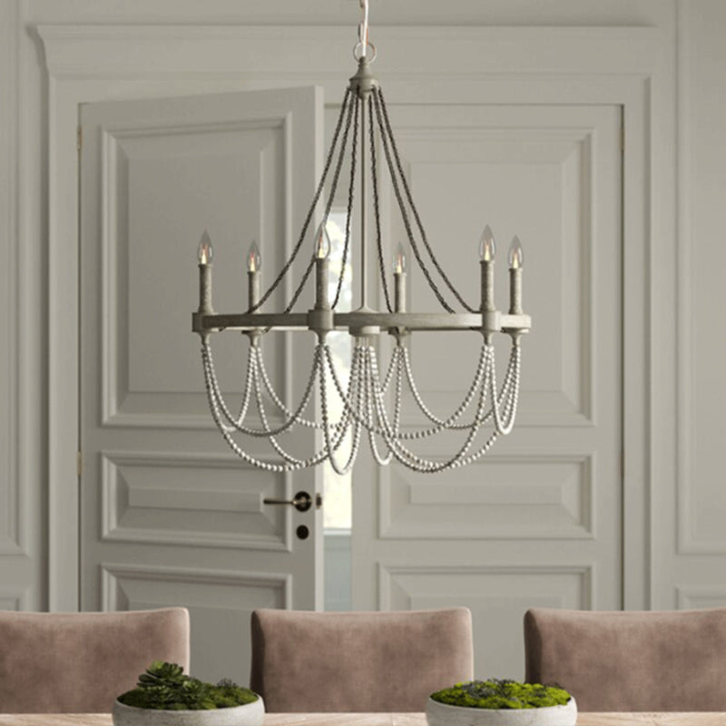 Metallic Candle Chandelier Light Retro Dining Room Pendant Light with Hanging Crystal Bead in Grey Clearhalo 'Ceiling Lights' 'Chandeliers' Lighting' options 2198098