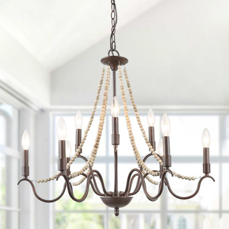 9-Light Suspension Light Retro Style Beaded Wood Chandelier Light with Metallic Candle in Rust Clearhalo 'Ceiling Lights' 'Chandeliers' Lighting' options 2198103