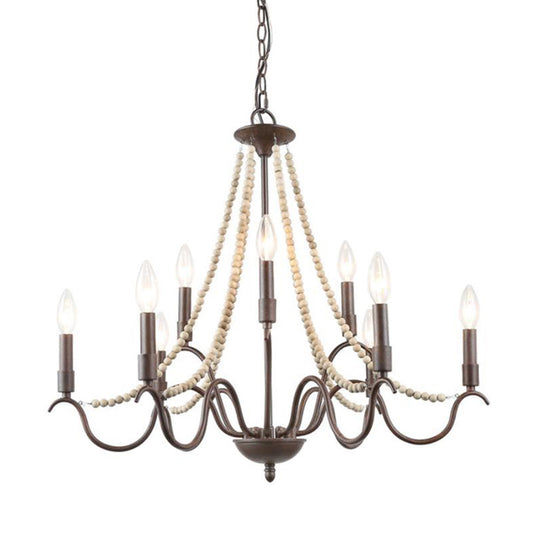 9-Light Suspension Light Retro Style Beaded Wood Chandelier Light with Metallic Candle in Rust Clearhalo 'Ceiling Lights' 'Chandeliers' Lighting' options 2198105