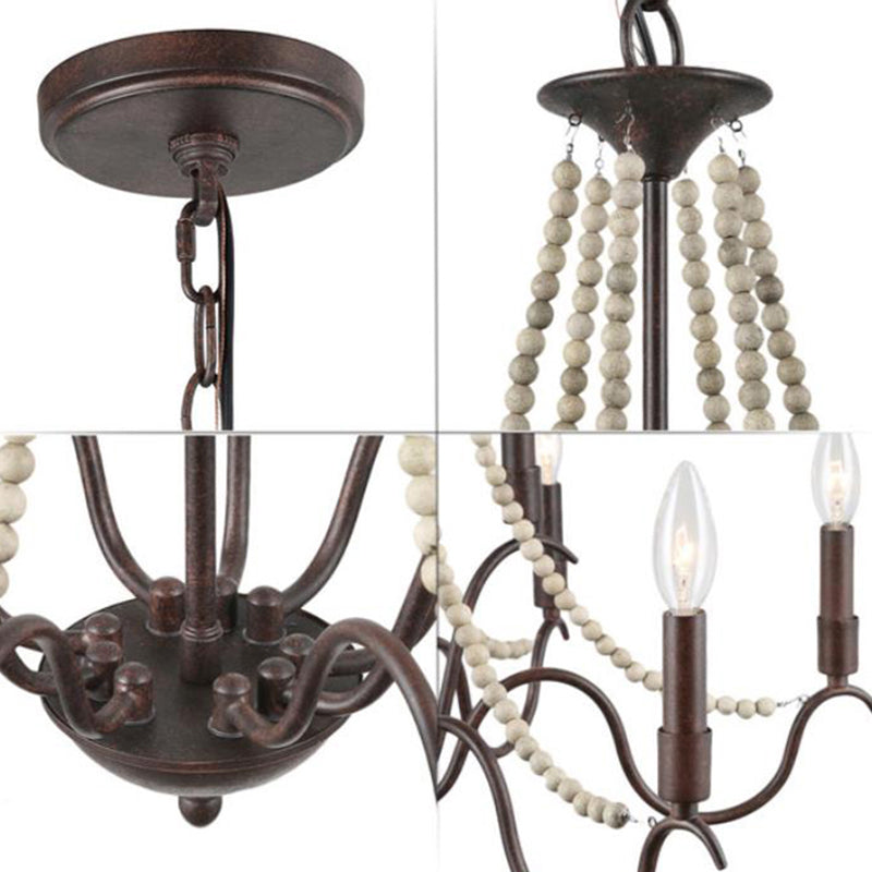 9-Light Suspension Light Retro Style Beaded Wood Chandelier Light with Metallic Candle in Rust Clearhalo 'Ceiling Lights' 'Chandeliers' Lighting' options 2198106