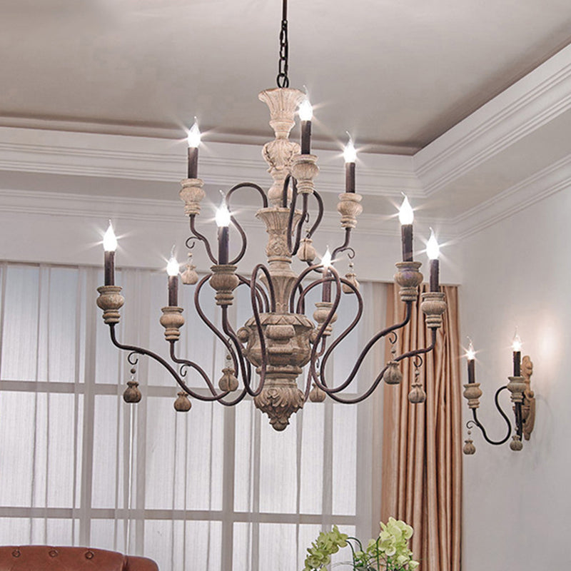 Candelabra Wooden Ceiling Lighting Traditional Dining Room Chandelier Light with Curved Arm in Rust 9 Rust Clearhalo 'Ceiling Lights' 'Chandeliers' Lighting' options 2198121_56671db6-4718-45e1-9e31-5b4d11e19579