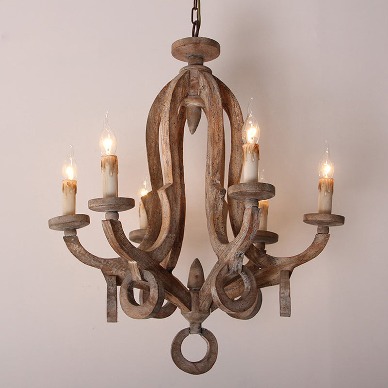 Wooden Candlestick Chandelier Pendant Light Vintage 6 Bulbs Living Room Hanging Light Wood Clearhalo 'Ceiling Lights' 'Chandeliers' Lighting' options 2198126_12069db1-0c88-4fe2-b92e-c00e032bfffe