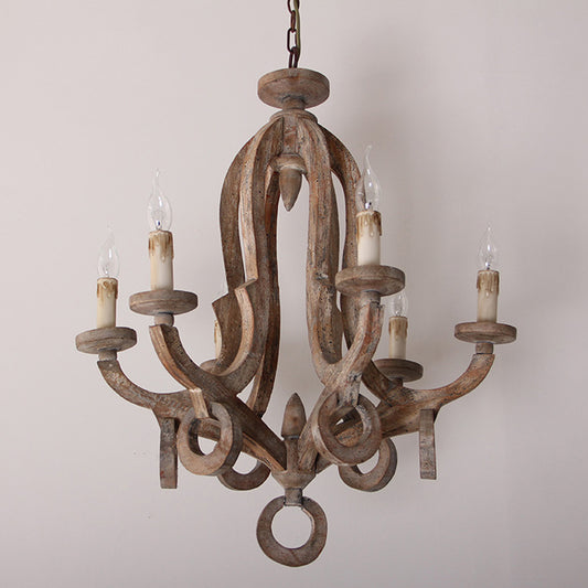 Wooden Candlestick Chandelier Pendant Light Vintage 6 Bulbs Living Room Hanging Light Clearhalo 'Ceiling Lights' 'Chandeliers' Lighting' options 2198127