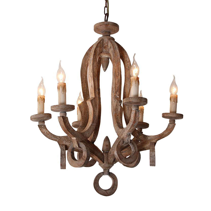 Wooden Candlestick Chandelier Pendant Light Vintage 6 Bulbs Living Room Hanging Light Clearhalo 'Ceiling Lights' 'Chandeliers' Lighting' options 2198128