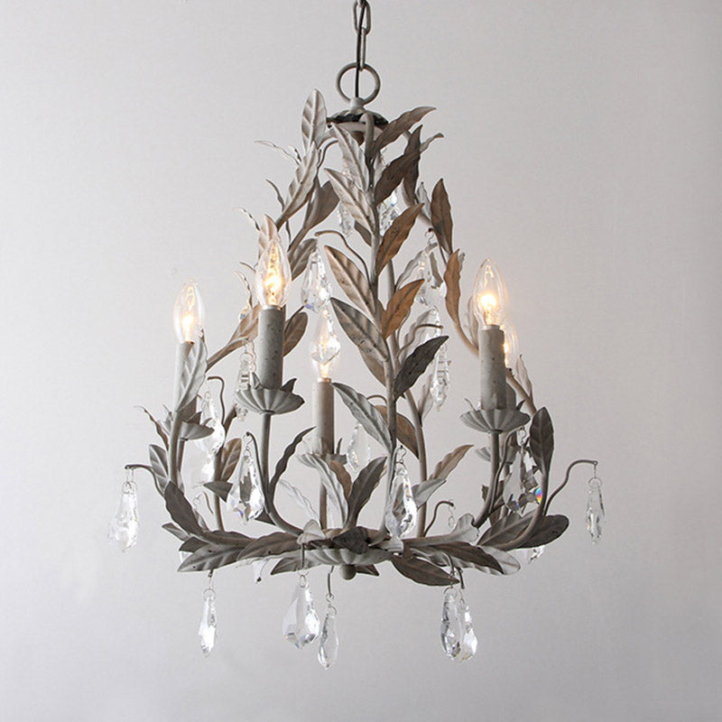 Retro Style Candle-Like Suspension Light 5 Heads Metallic Chandelier Light with Hanging Crystal Grey Clearhalo 'Ceiling Lights' 'Chandeliers' Lighting' options 2198138_a9cafca3-f386-4749-98e7-beac3ba80dfa