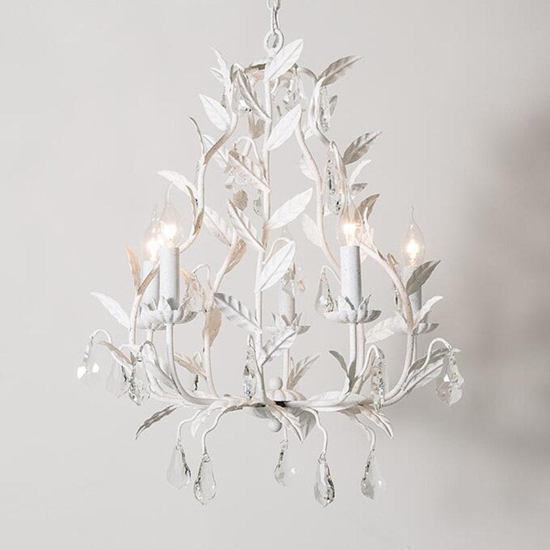 Retro Style Candle-Like Suspension Light 5 Heads Metallic Chandelier Light with Hanging Crystal White Clearhalo 'Ceiling Lights' 'Chandeliers' Lighting' options 2198140_6c8c287e-cfc6-4034-9da9-ba3f0120a74b