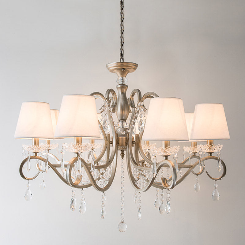 Empire Shade Fabric Chandelier Lighting Antique Living Room Pendant Light with Crystal Draping in Silver Clearhalo 'Ceiling Lights' 'Chandeliers' Lighting' options 2198142