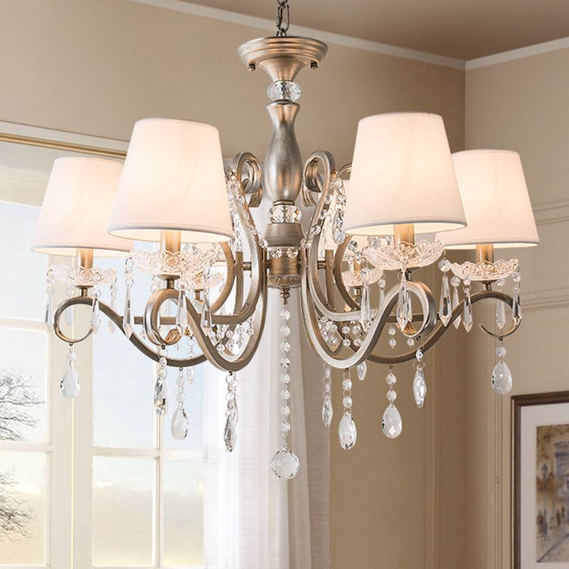 Empire Shade Fabric Chandelier Lighting Antique Living Room Pendant Light with Crystal Draping in Silver Clearhalo 'Ceiling Lights' 'Chandeliers' Lighting' options 2198144