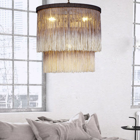 Hemp Fringe Coffee Suspension Light Layered Drum 4 Bulbs Retro Style Chandelier Light Clearhalo 'Ceiling Lights' 'Chandeliers' Lighting' options 2198167